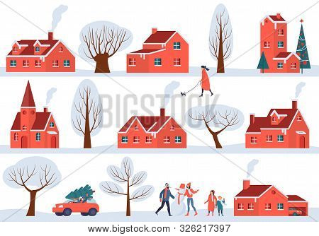 Winter Sity Street. Christmas And New Year Vector Design Elements Set. Old Town Buildings, Houses An