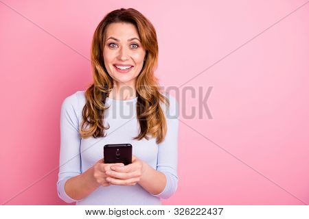 Portrait Of Cheerful Positive Woman Use Her Cellphone Read Incredible Feednews Feel Fun Wear White P