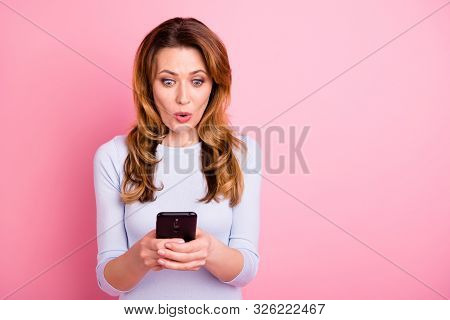New Like. Omg. Portrait Of Impressed Addicted Woman Use Her Smartphone Read Feednews Get Notificatio