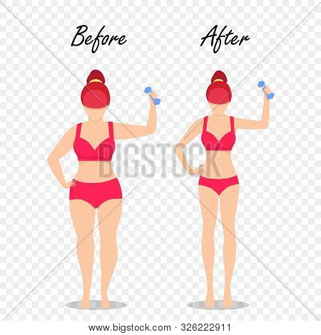Before After Fit Girl With Dumbbell Body Set Fat Slim Woman Figure Weight Loss Isolated Transparent 