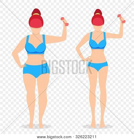 Before After Girl With Dumbbell Fat Slim Body Woman Figure Set. Isolated Transparent Background. Hea