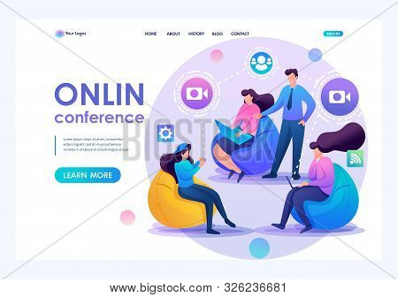 Group Of Young People Communicate, Video Broadcast On The Internet, Online Conference. Flat 2d Chara