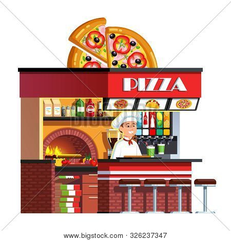 Cook Chef Serving Pizza At Italian Pizzeria Shop