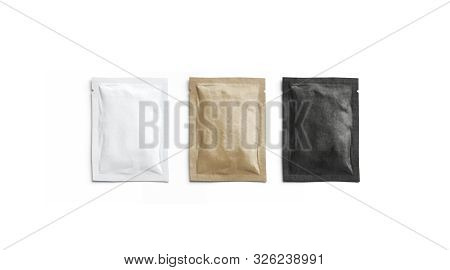 Blank Black, White And Craft Paper Sachet Packet Mockup, Isolated, 3d Rendering. Empty Kraft Coffee 