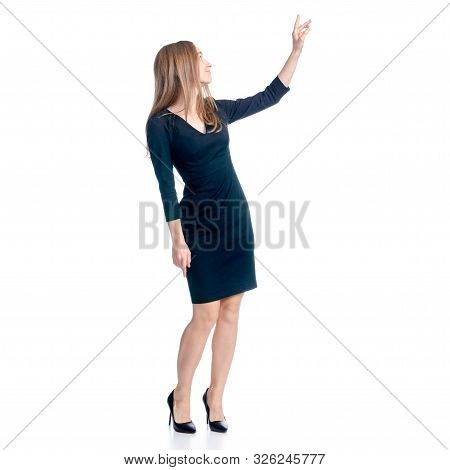 Business Woman In Dress And High Heels Standing Smiling Showing Pointing On White Background Isolati
