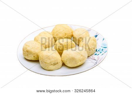 Isolated Traditional Matzoh Ball Kneidlach For Soup Jewish Food For Passover And Every Day. White Pl