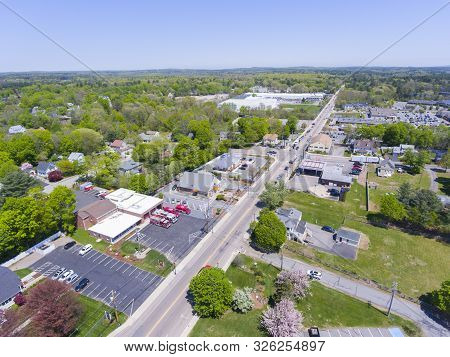 Aerial View Of Millis Historic Town Center And Main Street In Spring, Millis, Boston Metro West Area