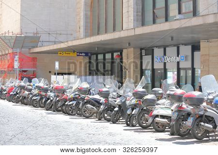 Rome Italy - June 16, 2019: Motorbike Street Parking At Termini Train Station Rome Italy