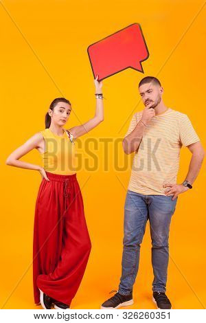 Beautiful Caucasian Girlfriend Looking At The Camera And Holding Bubble Thougt