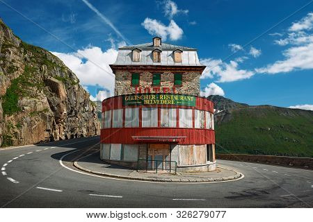 Furka Pass, Switzerland - July 21, 2019 : An Old And Closed Mountain Hotel Belvedere Located Near Th