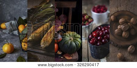 Collage Of Photos Of Autumn Vegetables. Harvest Of Pumpkins, Walnut, Corn, Berries, Tangerines