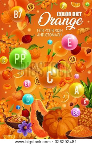 Orange Color Diet Food Rich Of Vitamins And Minerals With Vegetables, Fruits And Spices. Vector Carr
