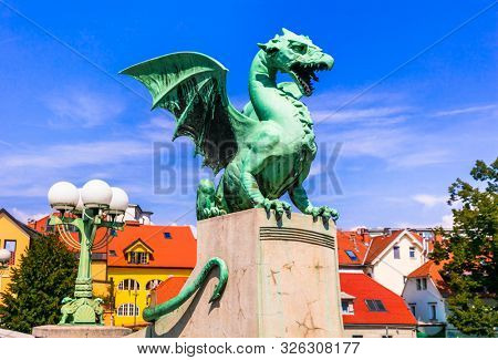 Travel and landmarks of Slovenia - beautiful Ljubljana with famos Dragon's bridge, iconic symbol of the city