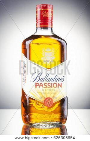 Ballantines Passion Spirit Drink On Gradient Background. Ballantines Is Blended Scotch Whisky Produc