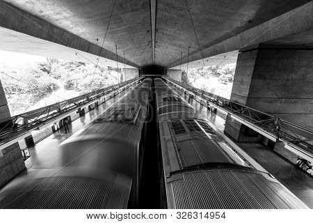 Sao Paulo, Brazil - 05, October, 2019: Black And White Picture Of Two Trains During Day Time At Suma