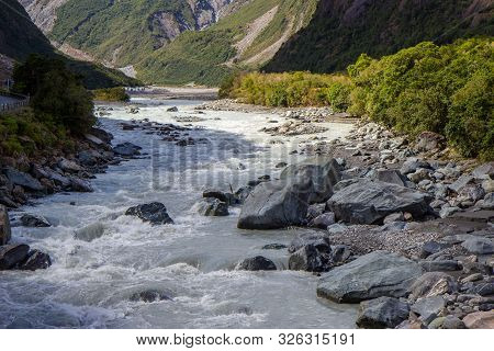 River Of Melted Glacial Water, West Coast Of New Zealand