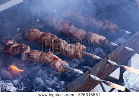 Skewers On Skewers.roasted Meat Cooked At Barbecue.bbq Fresh Beef Meat Chop Slices. Traditional East