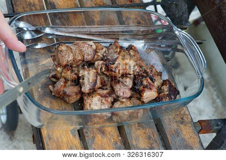 Skewers On Skewers.roasted Meat Cooked At Barbecue.bbq Fresh Beef Meat Chop Slices. Traditional East