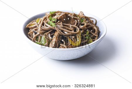Stir-fried Sona With Pork And Vegetables In Asian Style Isolated On White Background