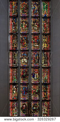 ROTHENBURG, GERMANY - JULY 16, 2019: Stained glass window in the St James Church in Rothenburg ob der Tauber, Germany
