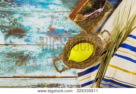 Religion Jewish Celebration Holy Holiday Sukkot. Etrog, Lulav, Hadas Arava Kippah And Shofar Tallit 