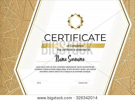 Certificate With Metallic Gold Lines On Mate Gold Background. Modern Fashion Horisontal Certificate 