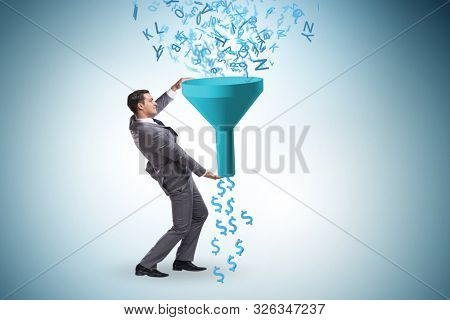 Data monetization concept with funnel and businessman