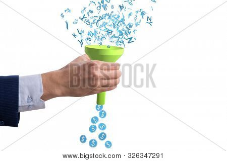 Data monetization concept with funnel and businessman