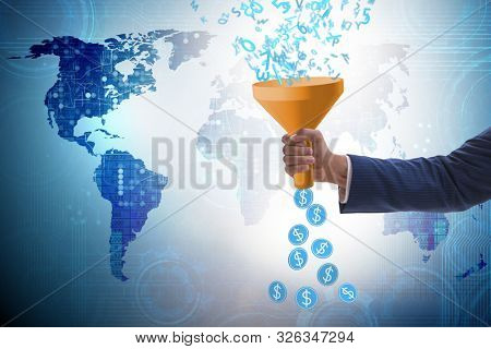 Data monetization concept with funnel and businessman