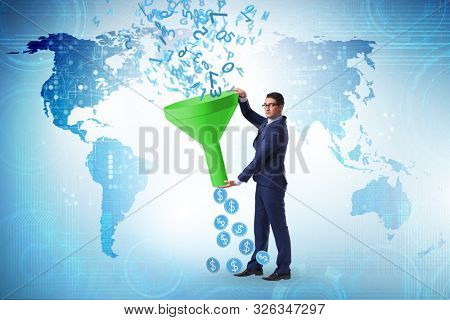Data monetization concept with funnel and businessman