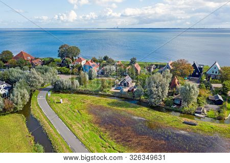 Aerial from the historical village Uitdam near Amsterdam in the Netherlands