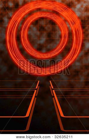 抽象矩阵或 Tron 风格背景在橘黄色和黑色的网格中。