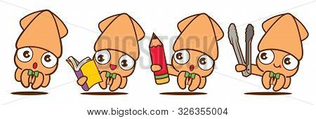 Cartoon Cute Squid With Bowtie Mascot Set, Cute Squid Holding Book, Pencil And Bbq Tong. - Vector Ma