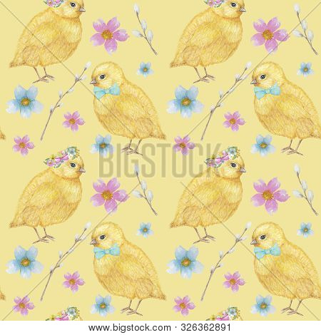 Easter Seamless Pattern Watercolor Hand Drawn Of Yellow Chiken, Spring Flowers, Willow, Bow. Colorfu