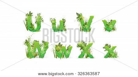 Green Leaves Font. Vector Illustration. Stylish Eco Alphabet From Colorful Tropical Leaves, Bushes, 