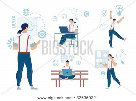 Freelancer, Modern It Company Employee Daily Work Isolated, Trendy Flat Vector Concepts Set. Young M