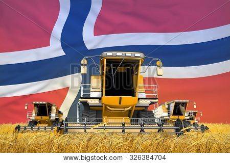Industrial 3d Illustration Of Four Orange Combine Harvesters On Rural Field With Flag Background, No
