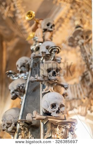 Kutna Hora, Czech Republic, September 15.2019, Human Skulls And Bones In Kostnice Sedlec Ossuary, Ch