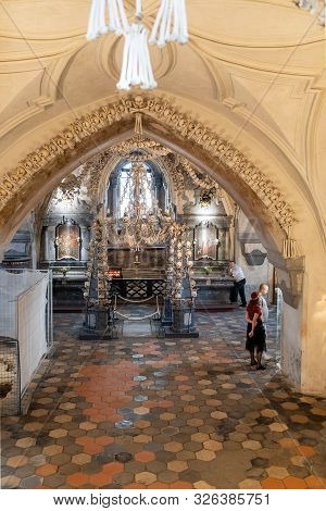 Kutna Hora, Czech Republic, September 15.2019, Human Skulls And Bones In Kostnice Sedlec Ossuary, Ch