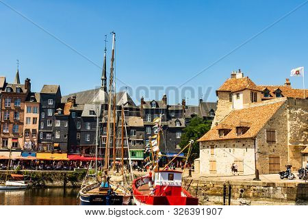 Honfleur Harbor In Normandy, Restaurant Street With Marina View In Honfleur, France, 2019