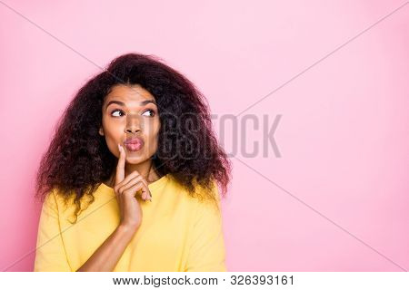 Portrait Of Minded Interested Afro American Girl Think Have Plans About Future Weeknds Solve Questio