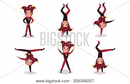 Six Jesters Cartoon Characters In Clown Suits And Hats Vector Illustrations Set