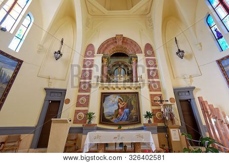 Novelda, Spain- October 3, 2019: Inside Of Sanctuary Of Santa Maria Magdalena Monastery With Icons A