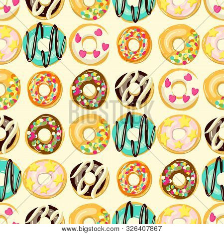 Glazed Donuts Seamless Pattern. Bakery Vector Illustration. Top View Doughnuts