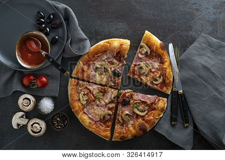 Pizza Ingredients Served With Mozzarella Cheese, Ham, Mushrooms And Tomato Sauce