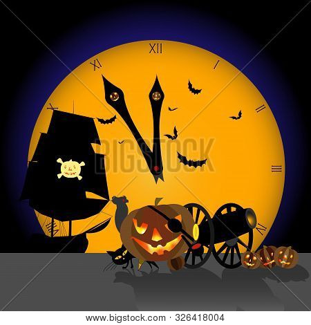 Vector Image. Halloween, Lame Pirate Pumpkin, Midnight Soon. The Full Moon Has Come