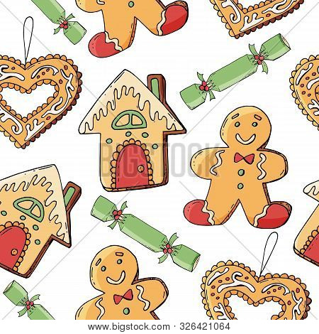 Seamless Pattern With Christmas Pastry. Endless Texture For Festive Design, Restaurant And Cafe Menu