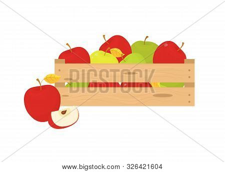 Box Of Fresh Fruit. Ripe Apple Fruit Harvest In Wooden Box Isolated On White Background. A Natural, 
