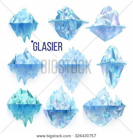Glacier Frozen Rock And Iceberg Collection Vector. Different Form And Size Frosty Glacier Floating O