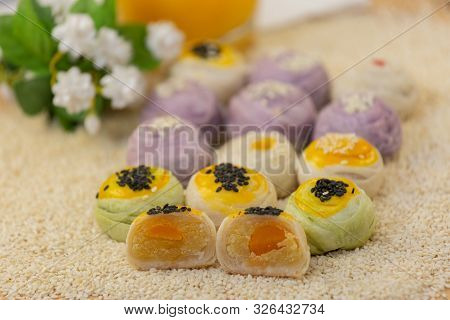 Thai Dessert `mochi ` In Thai Culture And Tea Water Or Fruit Juice